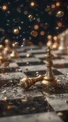 Golden chess pieces clash on a shattered board, illuminated by sparkling debris.