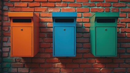 Colorful mailboxes mounted on brick wall, with orange, blue, and green colors.