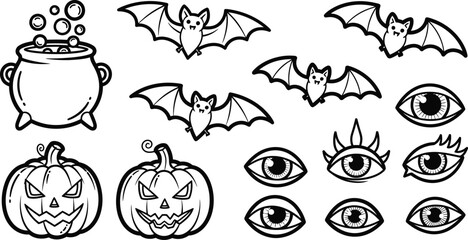 Halloween outline illustration with cauldron, bats, pumpkins, and eyes isolated on a white background