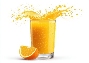 Orange juice splash in glass, vibrant citrus