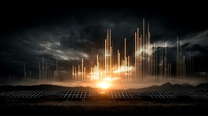 Dramatic sunrise over a solar farm with abstract glowing city elements, representing sustainable energy, technological innovation, and a bright future
