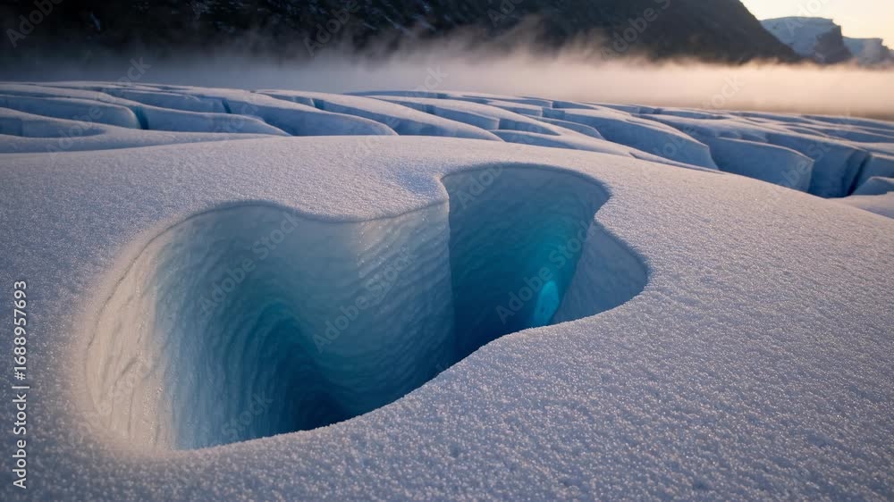 Poster a scenic view of blue ice formations on a glacier at dawn, capturing the appealing color and texture