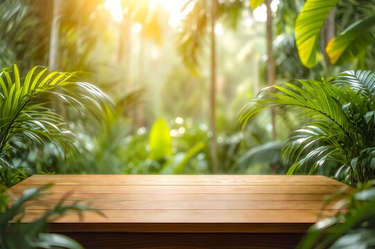 A wooden table stands amidst a lush, sundrenched tropical forest, surrounded by vibrant green foliage and the soft glow of sunlight filtering through the canopy