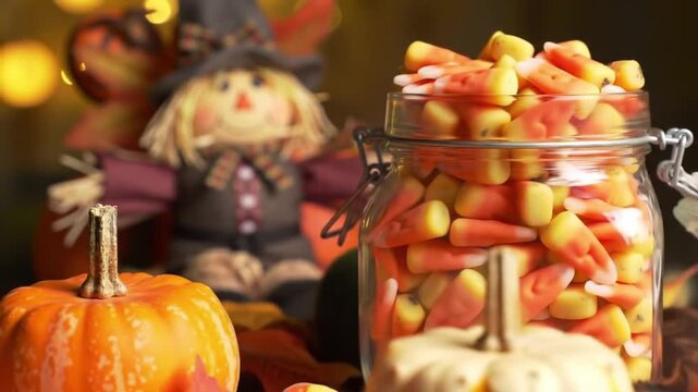 A festive autumn still life showcasing a sweet treat display with a glass jar of traditional candy corn for a seasonal celebration