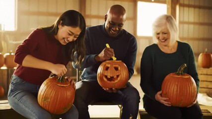 Joyful multi-generational and diverse family happily carving spooky jack-o'-lanterns from fresh pumpkins in a rustic barn for Halloween