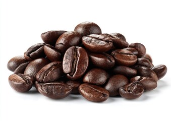 Roasted coffee beans piled high on white background