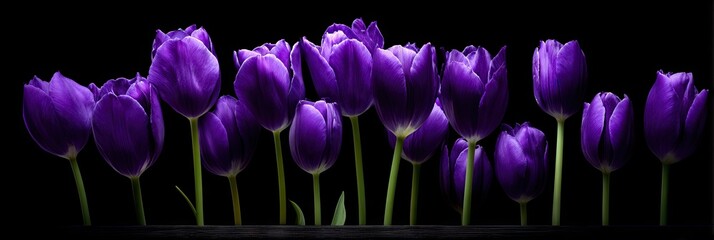 A close-up view of vibrant purple tulips arranged in a horizontal row against a dramatic black background, highlighting their delicate beauty and rich color.