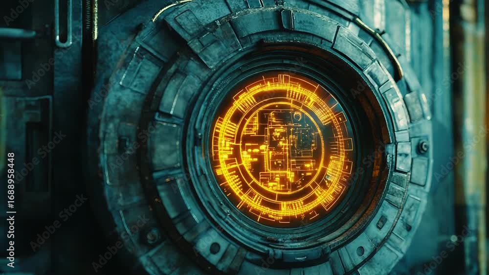 Aufkleber futuristic glowing circular window showing complex circuitry in sci fi setting