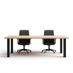 Light-colored wooden table with two dark chairs