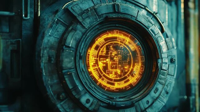Futuristic glowing circular window showing complex circuitry in sci fi setting