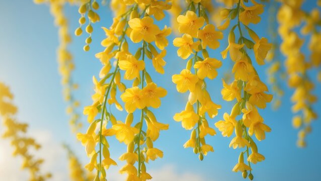 Cluster of yellow flowers hanging down, with a blue sky in the background. Bright and colorful floral scene. Nature and botanical beauty. The concept of spring and flowering plants.
