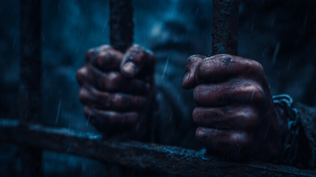 Scary hands holding onto rusty bars in complete darkness, horror prison scene concept. prisoner hands, horror bars, spooky captivity, haunted prison, halloween horror, gothic atmos