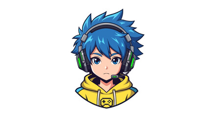 Anime-Style Boy with Blue Hair and Headphones Wearing a Yellow Hoodie.