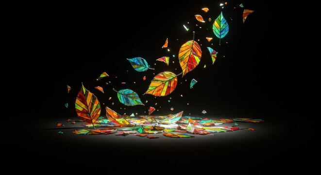 Colorful shattered leaves on dark background
