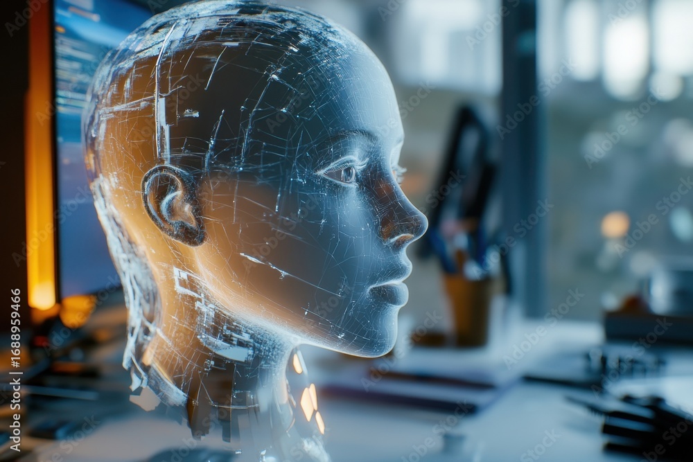 Poster futuristic artificial intelligence head displayed on a desk beside computer in modern workspace