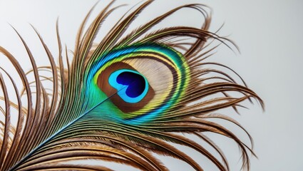 Obraz premium Peacock feather with vibrant eye pattern and detailed barbs. Close-up view showcasing colors and textures. Nature, beauty, and artistic design.