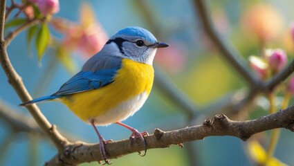 Fototapeta premium Colorful bird perched on a branch with pink flowers and green leaves in the background.