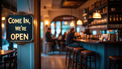 Come in, we're open - cozy interior of a bar or cafe with a welcoming sign.