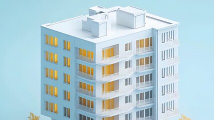 Modern white building with yellow balconies standing out on light blue background - Powered by Adobe