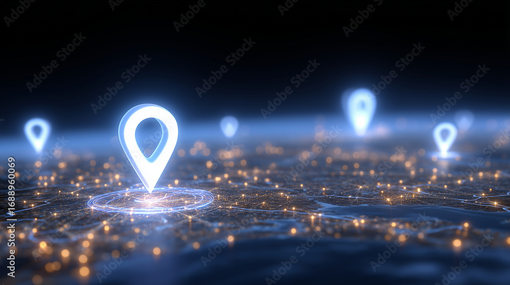 Aufkleber map with glowing location pins and seo icons representing local search optimization for businesses. 