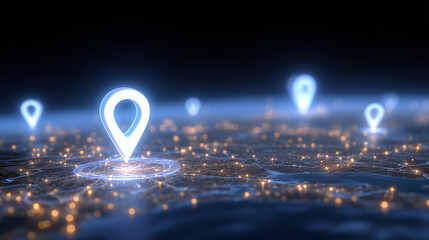 Map with glowing location pins and SEO icons representing local search optimization for businesses. local SEO, Google Business Profile, map search, SEO location, local marketing