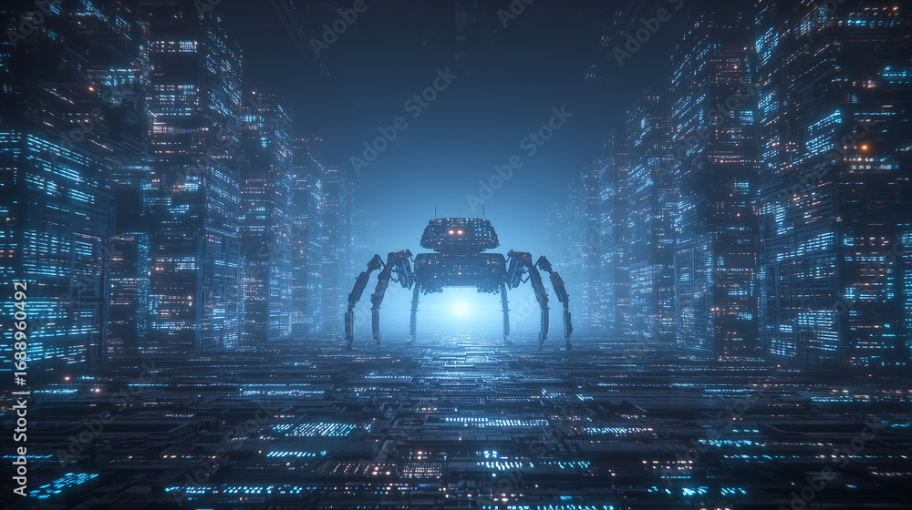 Poster futuristic server room glowing with code, crawling bots and indexing symbols representing technical 