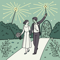 Happy Couple Walking Through Garden at Night with Fireworks