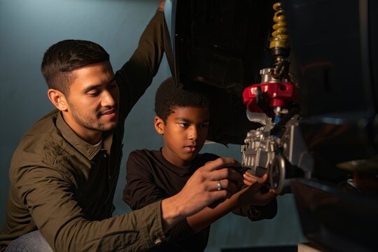 Father and Son Admiring Aquarium Exhibit of Robotic Fish - Powered by Adobe