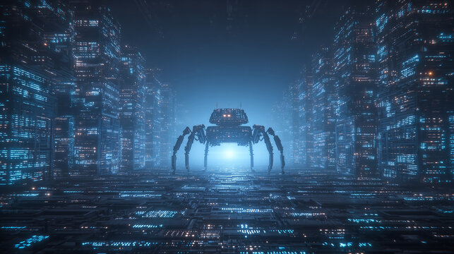 Futuristic server room glowing with code, crawling bots and indexing symbols representing technical SEO. technical SEO, site crawling, website indexing, SEO performance, SEO bots