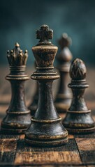 Close-up view of aged, dark wooden chess pieces, showcasing intricate details and a sense of strategic anticipation.