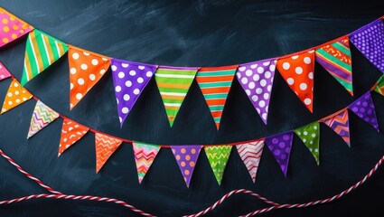 Colorful fabric pennant flags and strings on a dark background. Party decorations, celebration, festival, and event. The concept of festivity and decoration.