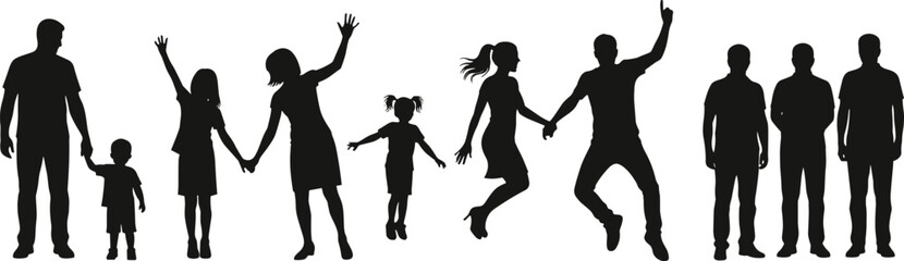 Family and group silhouettes, people holding hands, jumping and walking, joyful family moments, black vector figures on white background