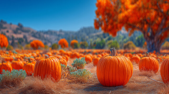Pumpkin patch on a sunny autumn day, rows of orange pumpkins on dry grass with trees in background, seasonal harvest scene. pumpkin patch, autumn harvest, halloween pumpkins, fall