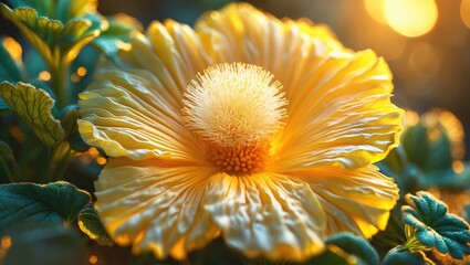 Close-up of a yellow hibiscus flower with detailed petals and a prominent pistil, illuminated by warm sunlight.
