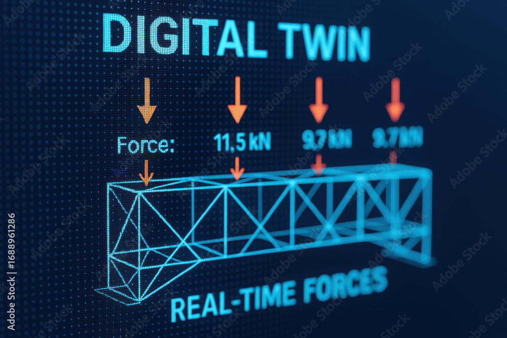 Poster digital twin bridge model for engineering education and innovation displaying real time force analys