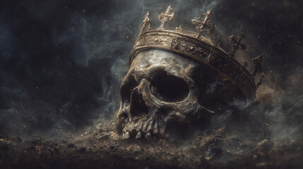 Decayed skeletal skull with a rusted broken crown, half-buried in ash, eerie smoke swirling in the darkness, haunting gothic horror atmosphere. skull crown, decayed skull, broken c