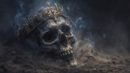Macabre skull with corroded broken crown emerging from pile of ashes, ghostly smoke tendrils rising in pitch-black horror background. skull crown horror, gothic skull, decayed skel