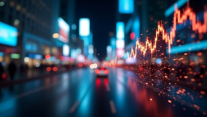 Obraz premium Futuristic cityscape with financial data overlay at night