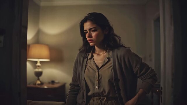 Woman pulling away from hug with uncomfortable expression wearing cardigan in dim bedroom with warm ambient light and soft shadows. Concept of emotional conflict and vulnerability