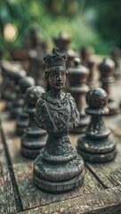 Close-up of a weathered, dark-hued chess queen piece, resting on a rustic wooden board, showcasing intricate details and a sense of antiquity.