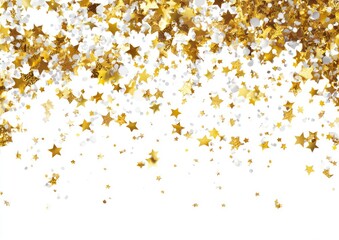 Gold and white confetti stars cascading on white background