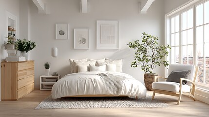 3D rendering illustration of Scandinavian-style bedroom with white wooden furniture, soft lighting, large windows, modern home decor in light colors, minimalist design elements, posters on wall, minim
