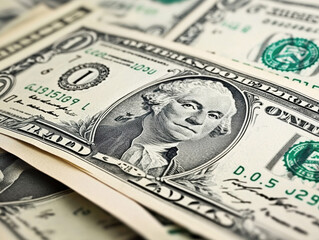 A close view of several one dollar bills is displayed, highlighting the detailed design and the portrait of the first US president. The vibrant green ink contrasts with the bill's beige background.