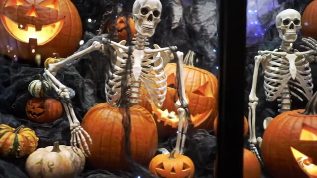 Spooky Halloween Skeletons Display with Pumpkins and Decorations for Festive Celebrations