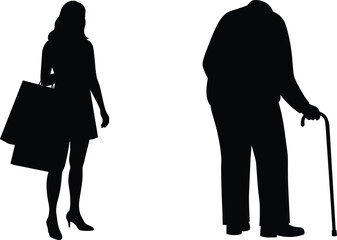 Silhouette vector of woman carrying shopping bags and elderly man with cane, age contrast, lifestyle difference, black isolated figures.