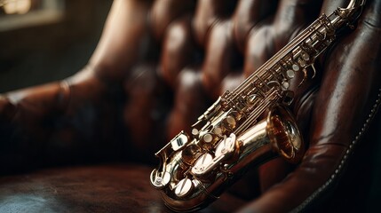 Obraz premium A polished saxophone rests elegantly on a brown leather armchair, reflecting warm light and exuding a classic, sophisticated vibe.
