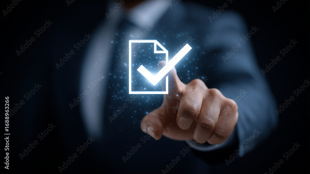 Poster a businessman touching a holographic check mark floating above digital files and documents, symboliz
