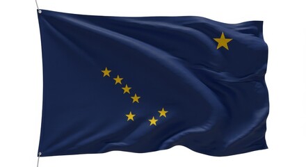 Alaska flag waving in the wind on blue background  