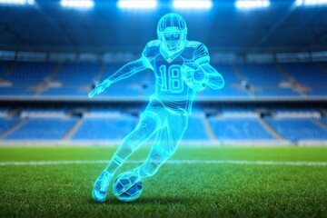 Futuristic Football Player Hologram on Stadium Field