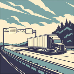 Semi Truck Driving on a Highway Through Mountain Landscape